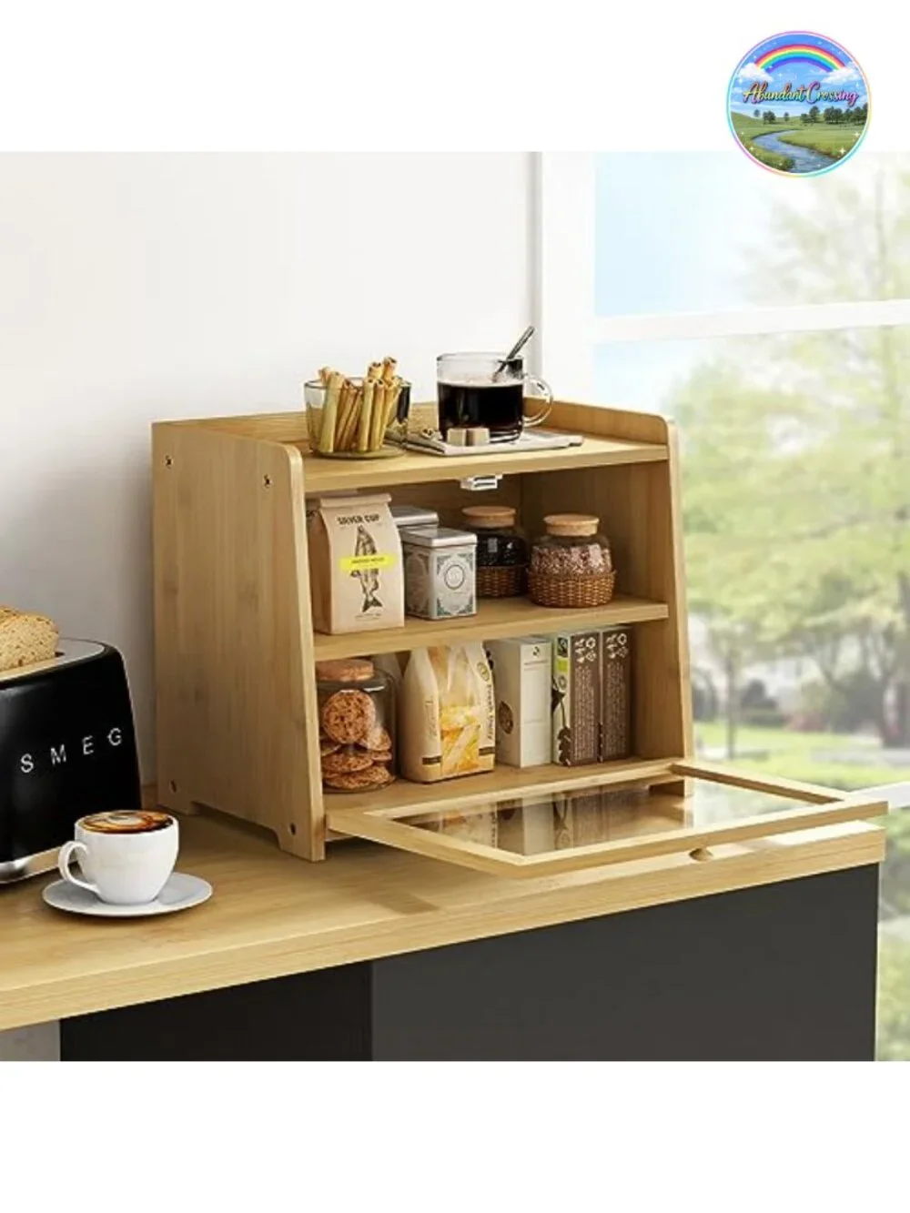 Bamboo Bread Box for Kitchen Countertop, Wooden Storage with Clear Acrylic Door